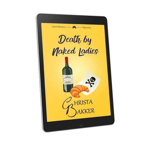 A bottle of wine, a croissant and a letter with a skull and crossbones feature on a sunny yellow background