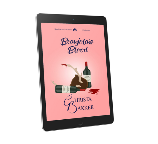 The cover of Beaujolais Blood shows two bottles of red wine on a pink background. One of the bottles has toppled and spilled some. In between lies a mounted antler with a suspicious red drip on its tip.