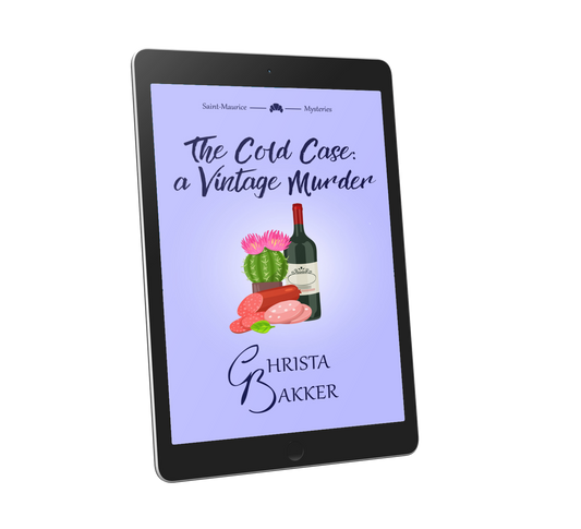 The cover for The Cold Case: a Vintage murder shows a bottle of wine accompanied by some cut-up sausage and... a cactus, for some reason, all on a lavender background.