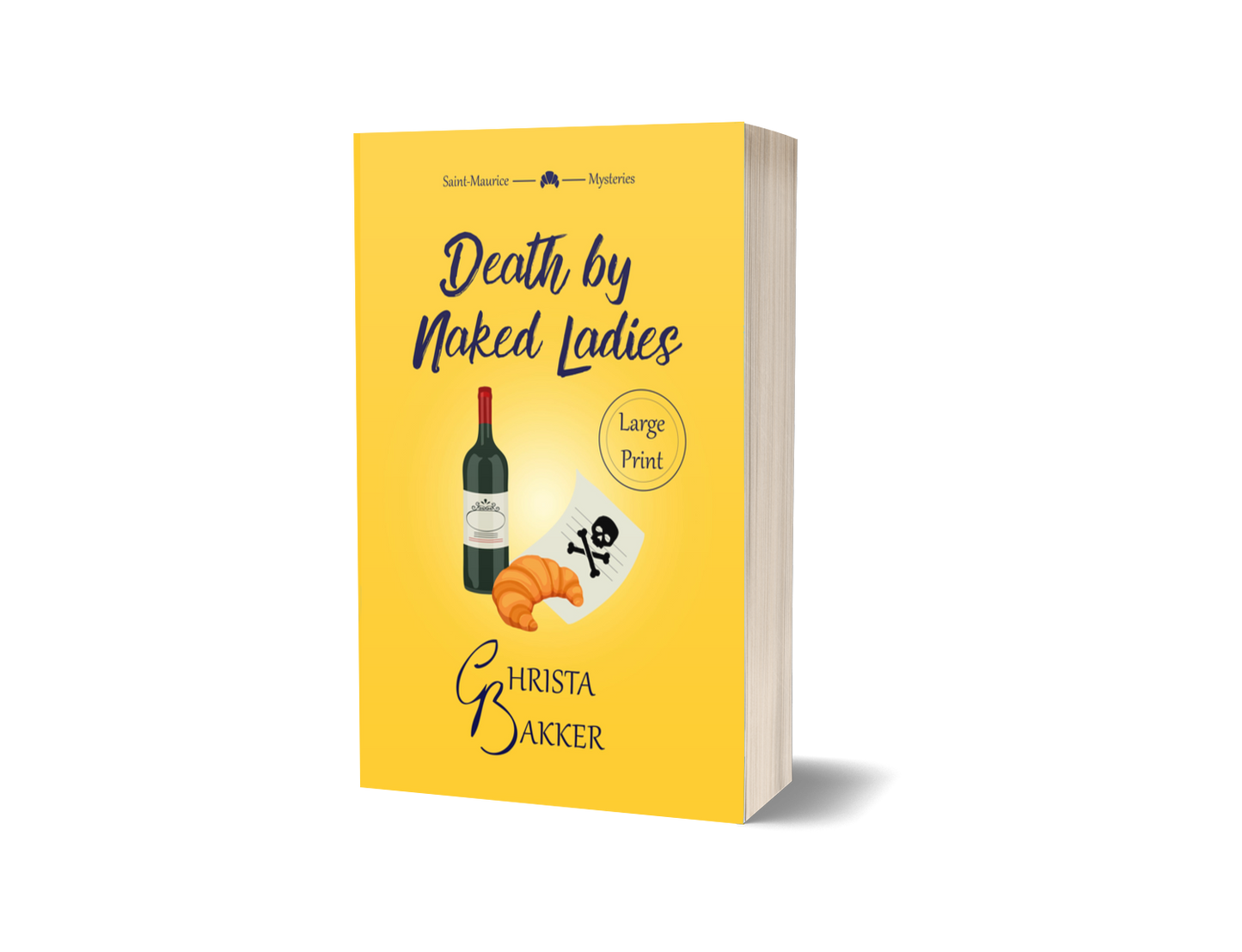 A bottle of wine, a croissant and a letter with a skull and crossbones feature on a sunny yellow background