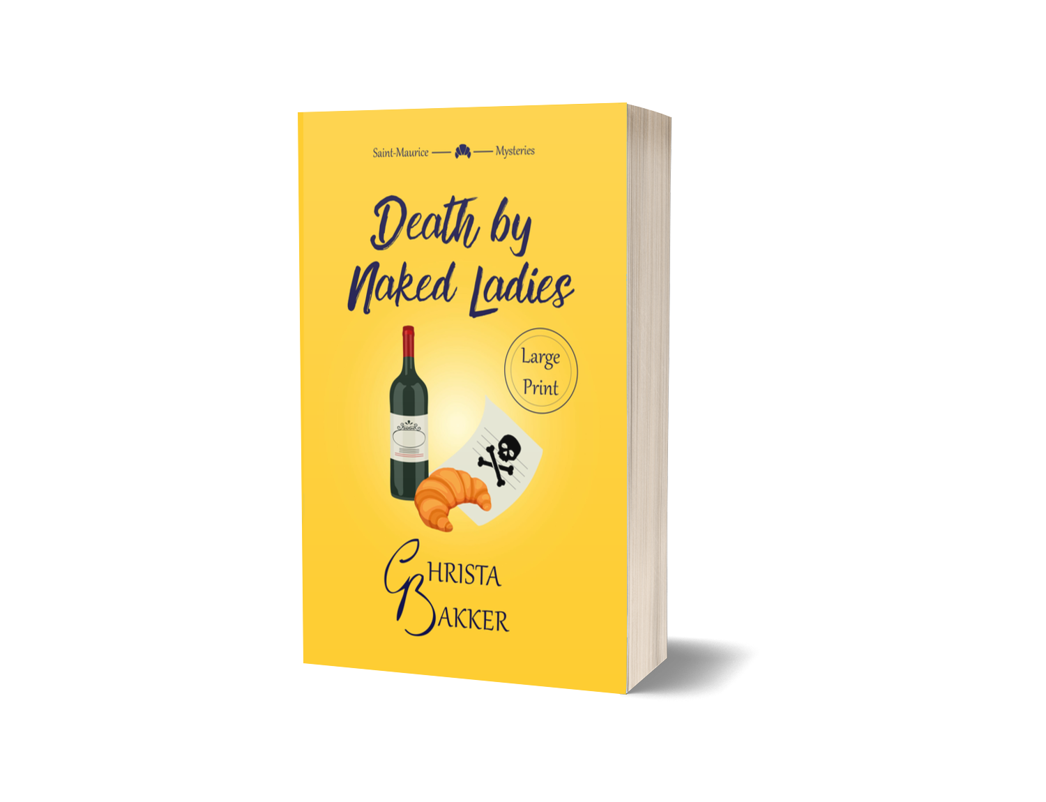 A bottle of wine, a croissant and a letter with a skull and crossbones feature on a sunny yellow background
