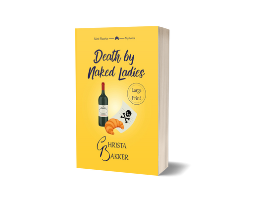 A bottle of wine, a croissant and a letter with a skull and crossbones feature on a sunny yellow background