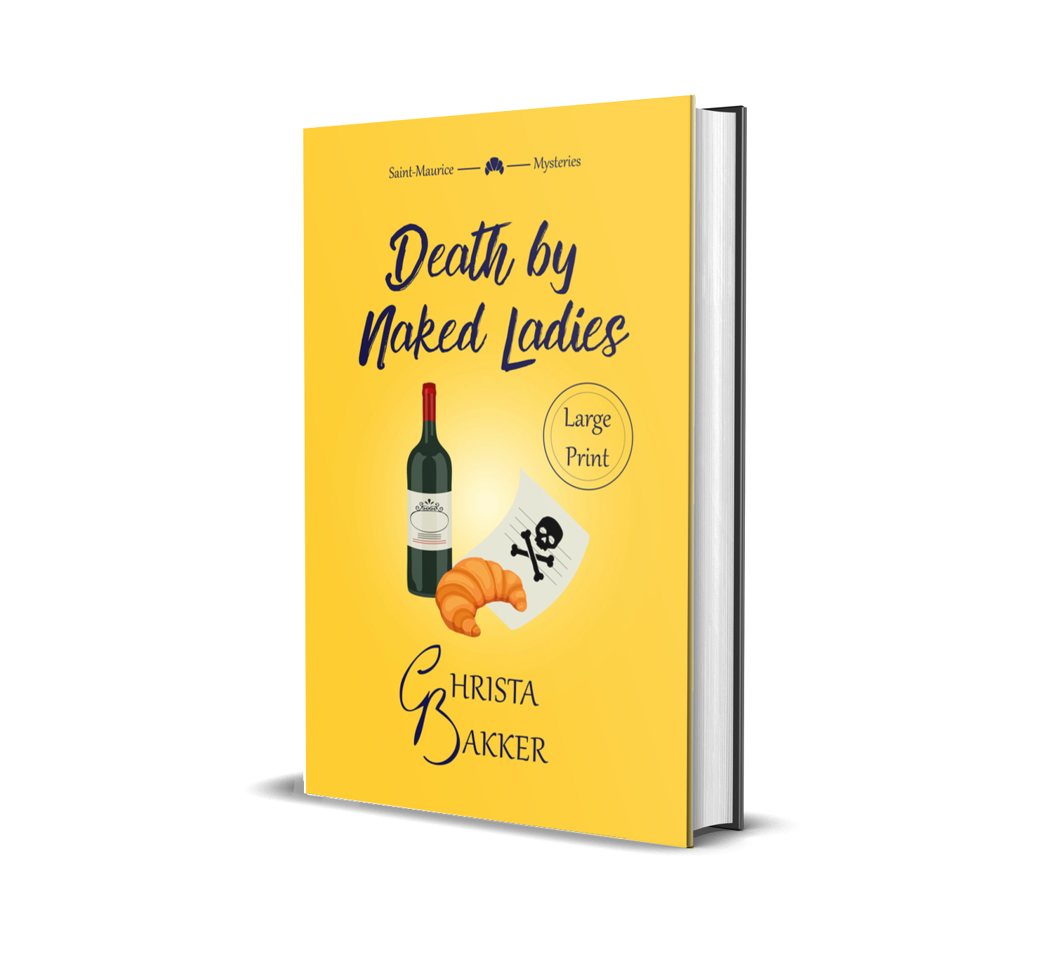 A bottle of wine, a croissant and a letter with a skull and crossbones feature on a sunny yellow background