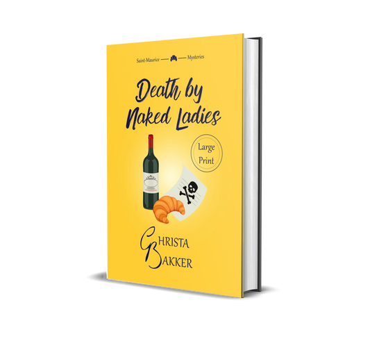 A bottle of wine, a croissant and a letter with a skull and crossbones feature on a sunny yellow background