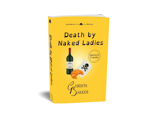 A bottle of wine, a croissant and a letter with a skull and crossbones feature on a sunny yellow background