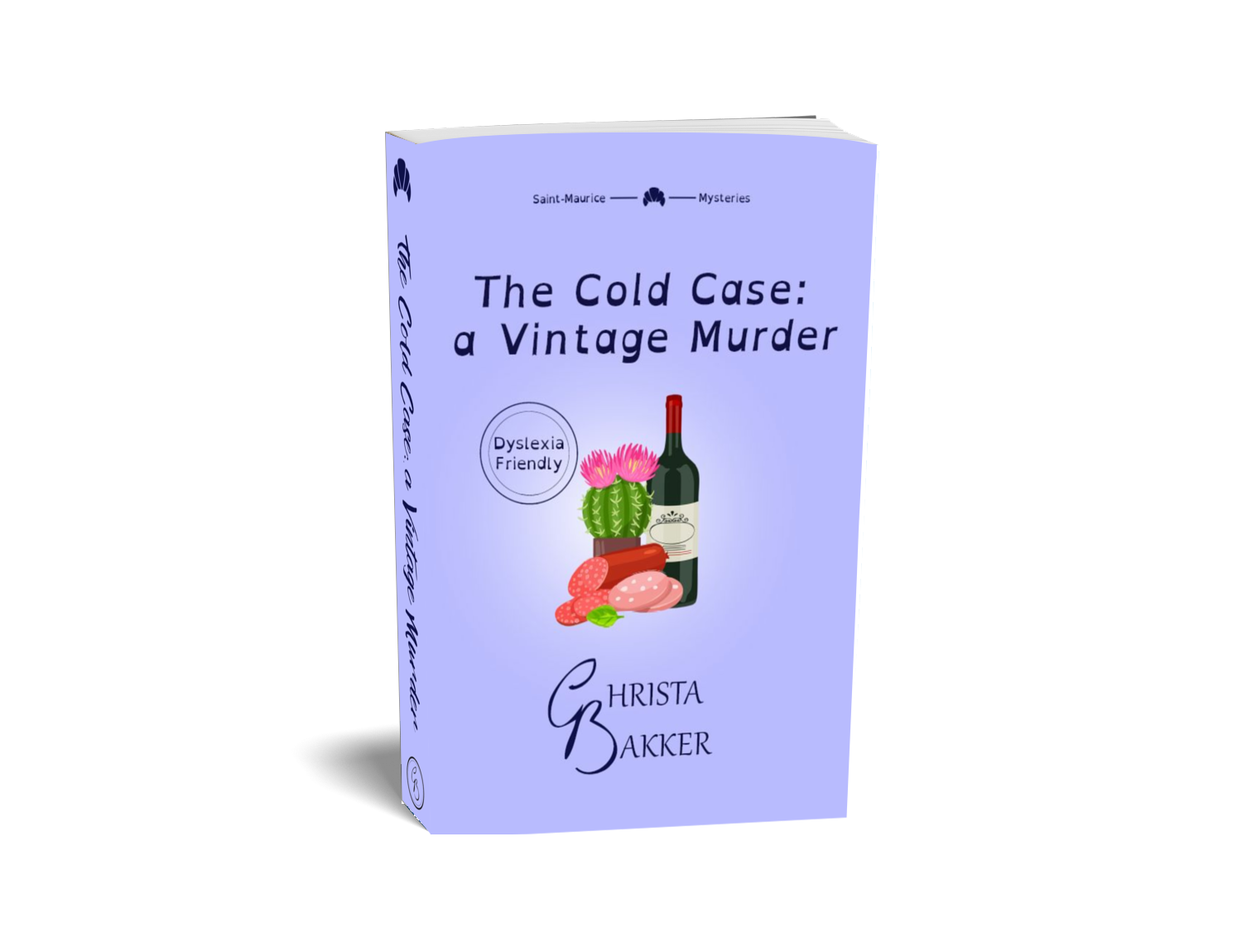 The cover for The Cold Case: a Vintage murder shows a bottle of wine accompanied by some cut-up sausage and... a cactus, for some reason, all on a lavender background.