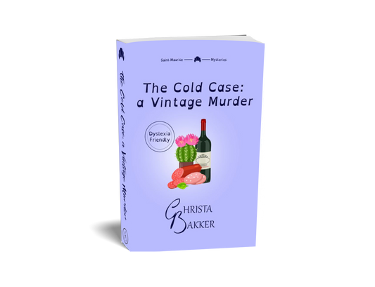 The cover for The Cold Case: a Vintage murder shows a bottle of wine accompanied by some cut-up sausage and... a cactus, for some reason, all on a lavender background.