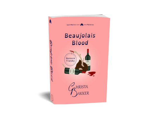 The cover of Beaujolais Blood shows two bottles of red wine on a pink background. One of the bottles has toppled and spilled some. In between lies a mounted antler with a suspicious red drip on its tip.