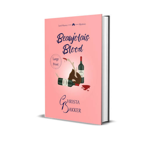 The cover of Beaujolais Blood shows two bottles of red wine on a pink background. One of the bottles has toppled and spilled some. In between lies a mounted antler with a suspicious red drip on its tip.