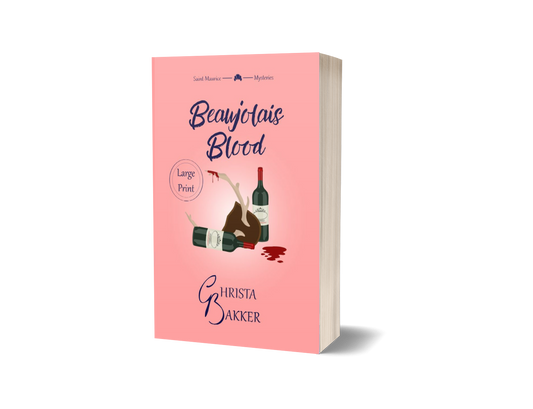 The cover of Beaujolais Blood shows two bottles of red wine on a pink background. One of the bottles has toppled and spilled some. In between lies a mounted antler with a suspicious red drip on its tip.