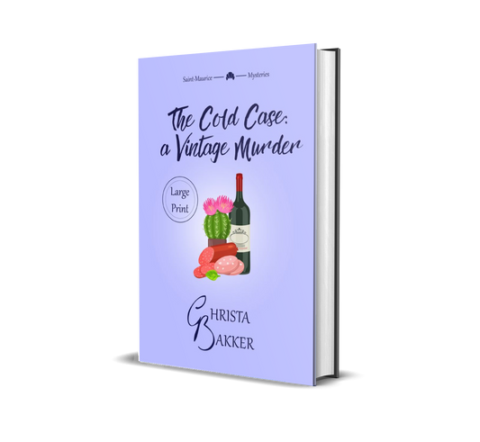 The cover for The Cold Case: a Vintage murder shows a bottle of wine accompanied by some cut-up sausage and... a cactus, for some reason, all on a lavender background.