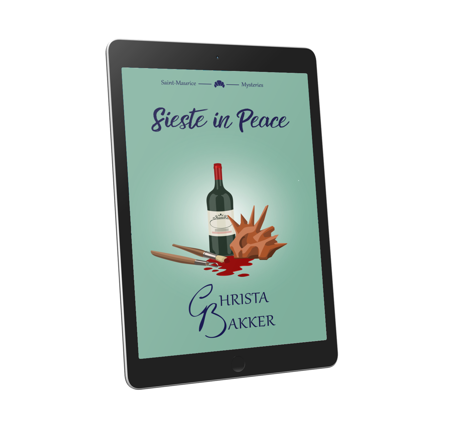 The cover of Sieste in Peace shows on a moss green background a bottle of wine, a spiky clay sculpture, a sculpting tool, and a paintbrush lying in a splash of red... paint?