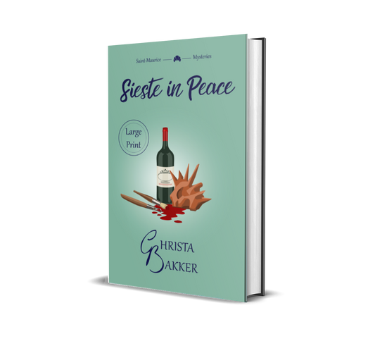 The cover of Sieste in Peace shows on a moss green background a bottle of wine, a spiky clay sculpture, a sculpting tool, and a paintbrush lying in a splash of red... paint?