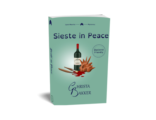 The cover of Sieste in Peace shows on a moss green background a bottle of wine, a spiky clay sculpture, a sculpting tool, and a paintbrush lying in a splash of red... paint?