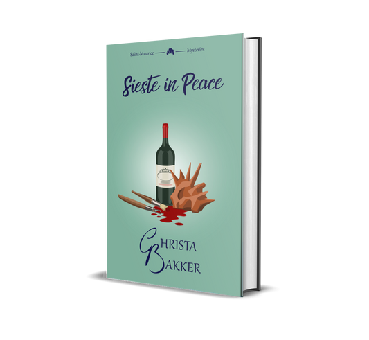 The cover of Sieste in Peace shows on a moss green background a bottle of wine, a spiky clay sculpture, a sculpting tool, and a paintbrush lying in a splash of red... paint?