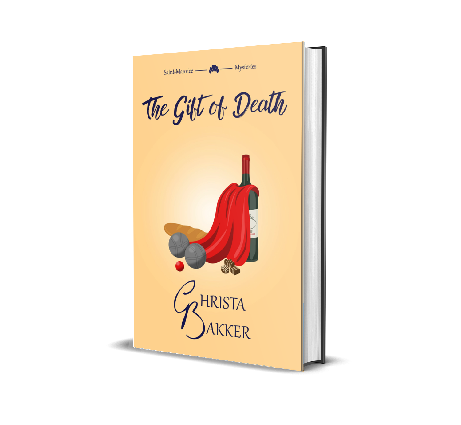 The cover for The Gift of Death by Christa Bakker shows a caped wine bottle surrounded by a baguette, metal balls, and chocolates on a soft orange background