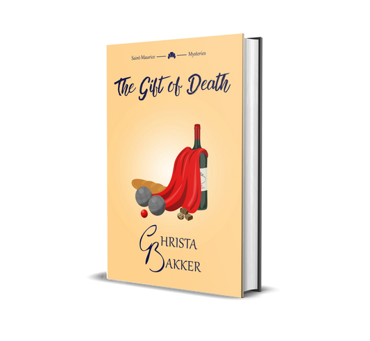 The cover for The Gift of Death by Christa Bakker shows a caped wine bottle surrounded by a baguette, metal balls, and chocolates on a soft orange background