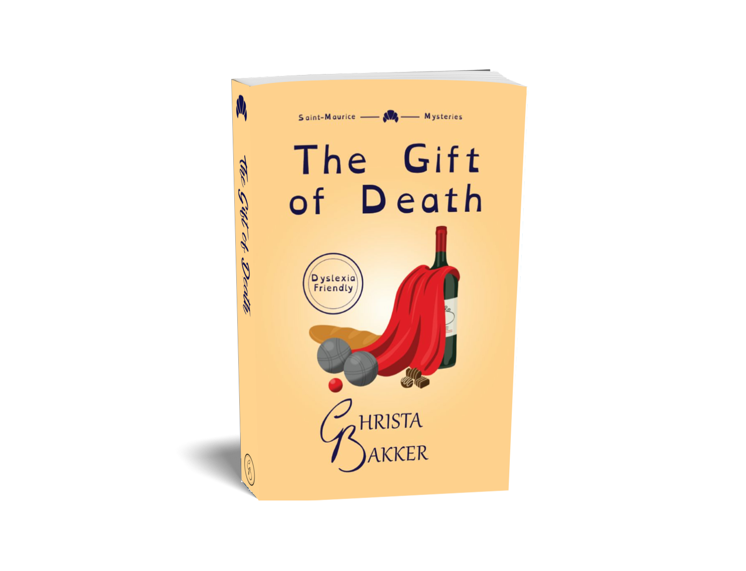 The cover for The Gift of Death by Christa Bakker shows a caped wine bottle surrounded by a baguette, metal balls, and chocolates on a soft orange background