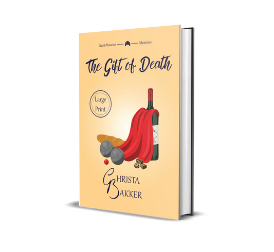 The cover for The Gift of Death by Christa Bakker shows a caped wine bottle surrounded by a baguette, metal balls, and chocolates on a soft orange background