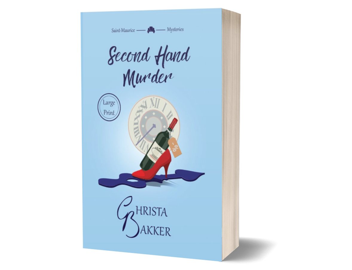 The cover for Second Hand Murder by Christa Bakker shows a discounted wine bottle resting in a stiletto heel standing on a big, loose clock hand, all on a baby blue background