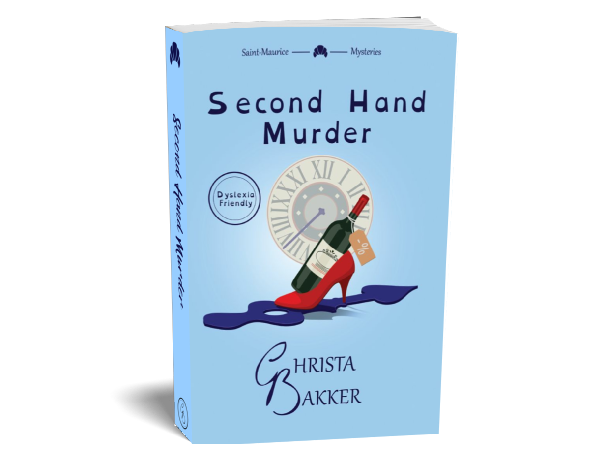 The cover for Second Hand Murder by Christa Bakker shows a discounted wine bottle resting in a stiletto heel standing on a big, loose clock hand, all on a baby blue background
