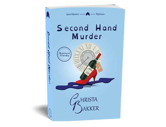 The cover for Second Hand Murder by Christa Bakker shows a discounted wine bottle resting in a stiletto heel standing on a big, loose clock hand, all on a baby blue background