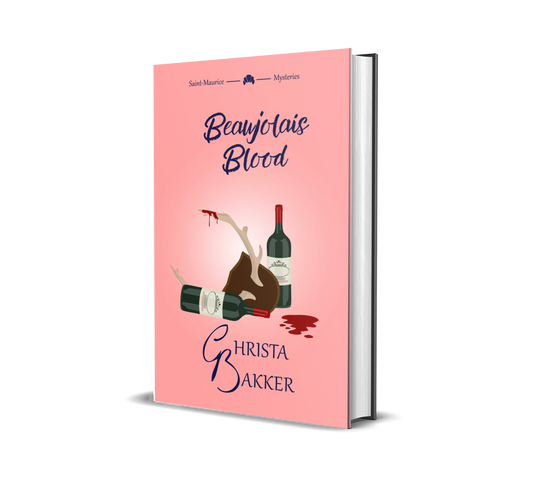 The cover of Beaujolais Blood shows two bottles of red wine on a pink background. One of the bottles has toppled and spilled some. In between lies a mounted antler with a suspicious red drip on its tip.