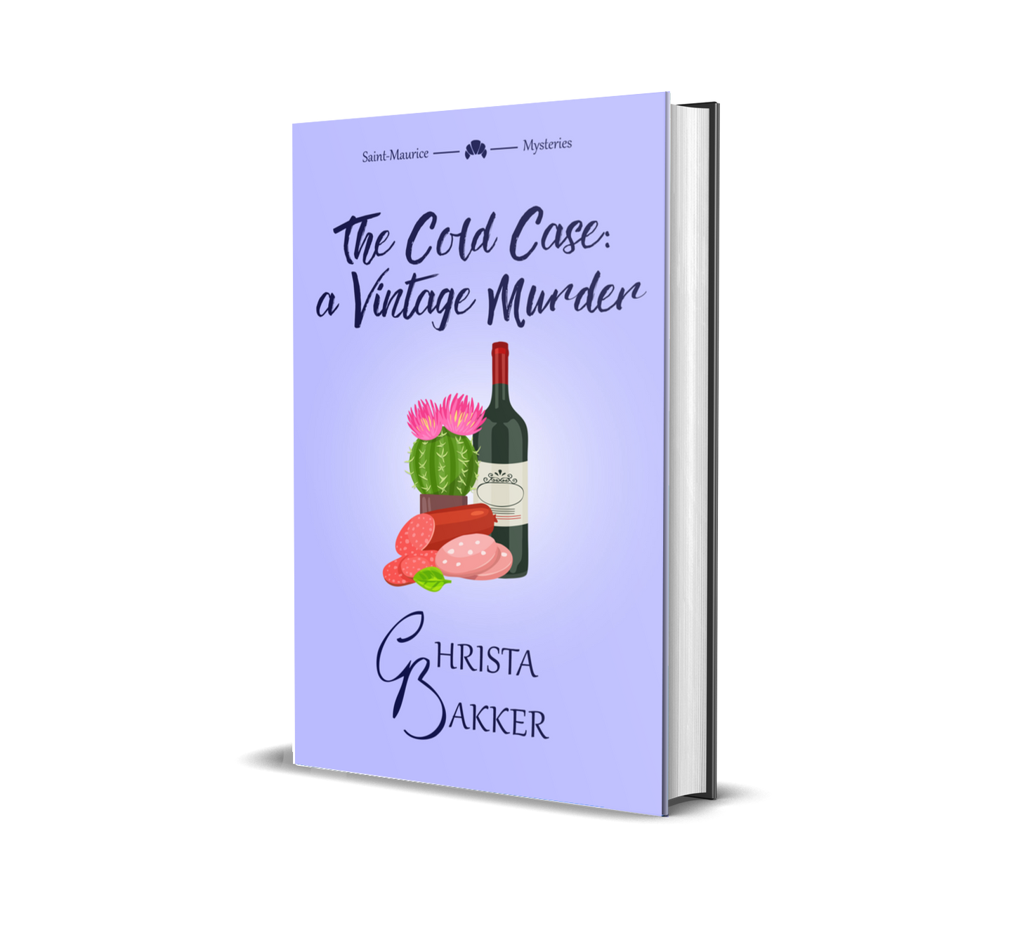 The cover for The Cold Case: a Vintage murder shows a bottle of wine accompanied by some cut-up sausage and... a cactus, for some reason, all on a lavender background.