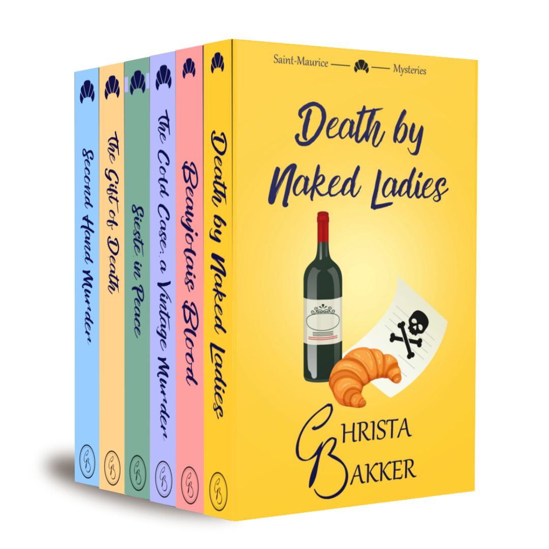 Set of paperback books from the Saint-Maurice Mysteries by Christa Bakker with colourful covers.