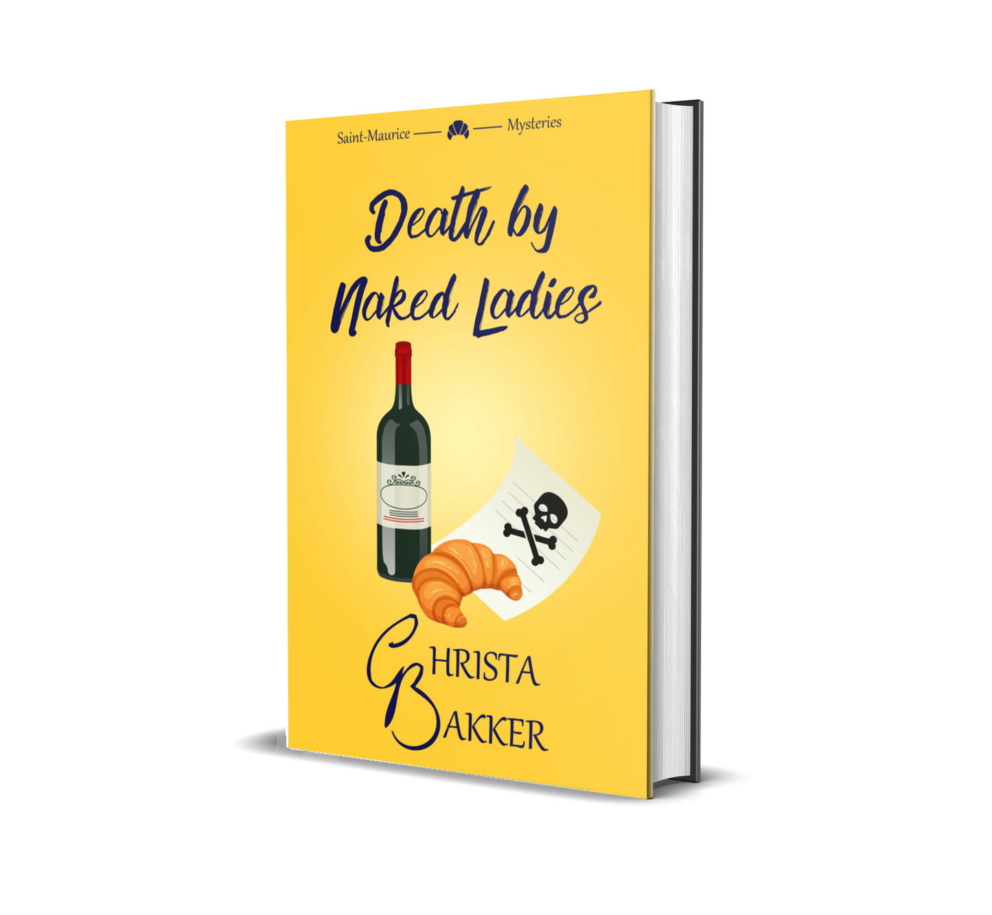 A bottle of wine, a croissant and a letter with a skull and crossbones feature on a sunny yellow background