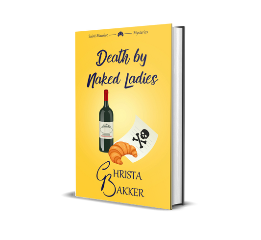 A bottle of wine, a croissant and a letter with a skull and crossbones feature on a sunny yellow background