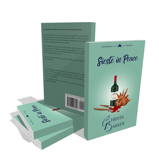 The cover of Sieste in Peace shows on a moss green background a bottle of wine, a spiky clay sculpture, a sculpting tool, and a paintbrush lying in a splash of red... paint?