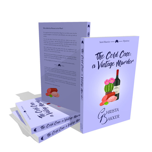 The cover for The Cold Case: a Vintage murder shows a bottle of wine accompanied by some cut-up sausage and... a cactus, for some reason, all on a lavender background.