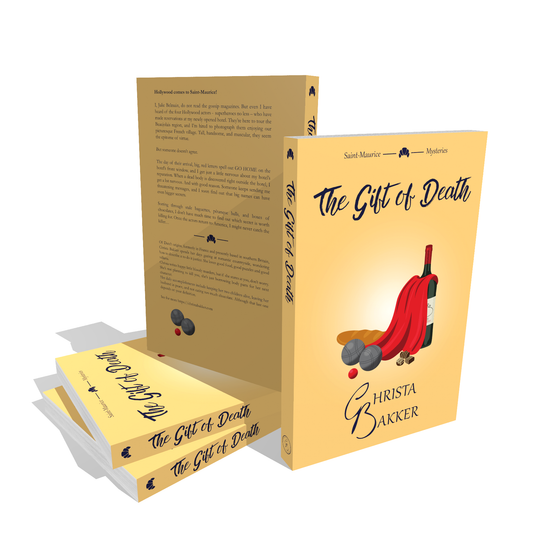 The cover for The Gift of Death by Christa Bakker shows a caped wine bottle surrounded by a baguette, metal balls, and chocolates on a soft orange background