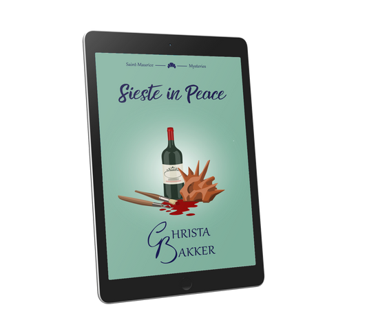 The cover of Sieste in Peace shows on a moss green background a bottle of wine, a spiky clay sculpture, a sculpting tool, and a paintbrush lying in a splash of red... paint?