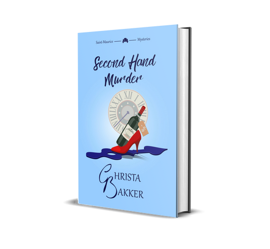 The cover for Second Hand Murder by Christa Bakker shows a discounted wine bottle resting in a stiletto heel standing on a big, loose clock hand, all on a baby blue background