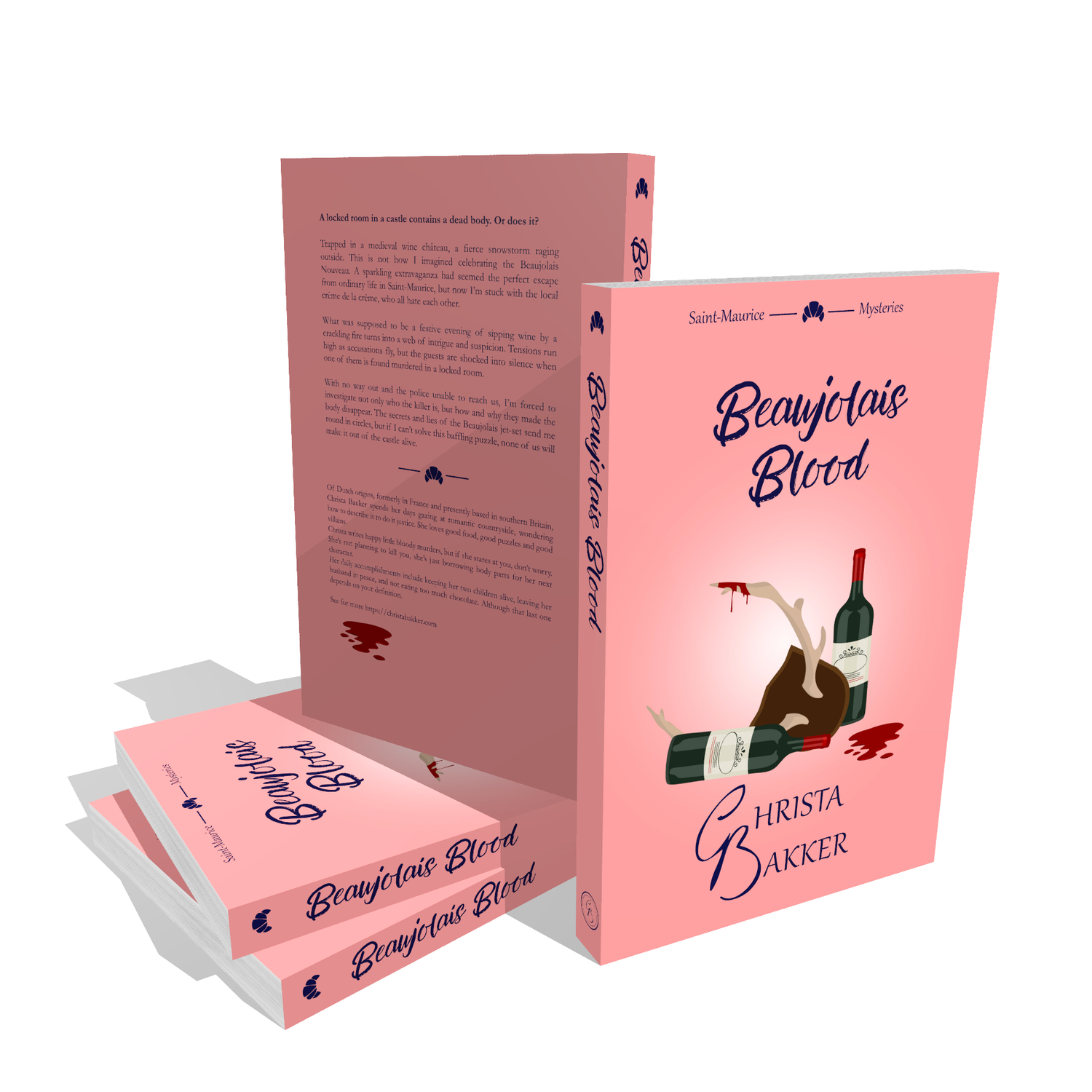 The cover of Beaujolais Blood shows two bottles of red wine on a pink background. One of the bottles has toppled and spilled some. In between lies a mounted antler with a suspicious red drip on its tip.