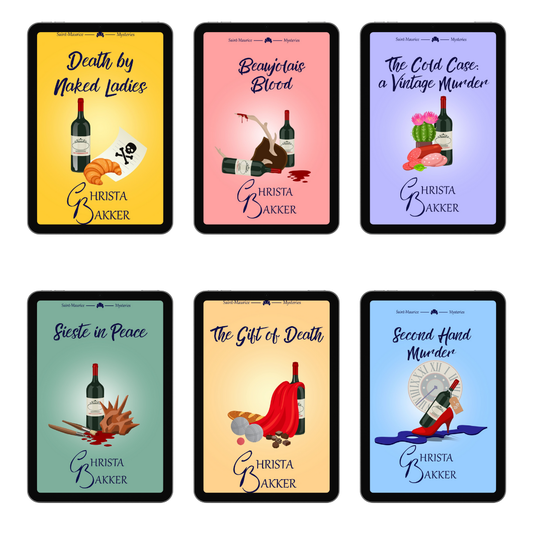 Six tablets showing all the covers in the Saint-Maurice Mysteries series.