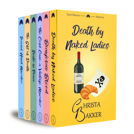 Set of paperback books from the Saint-Maurice Mysteries by Christa Bakker with colourful covers.