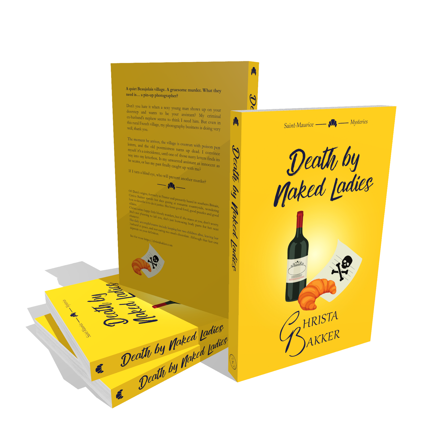 A bottle of wine, a croissant and a letter with a skull and crossbones feature on a sunny yellow background