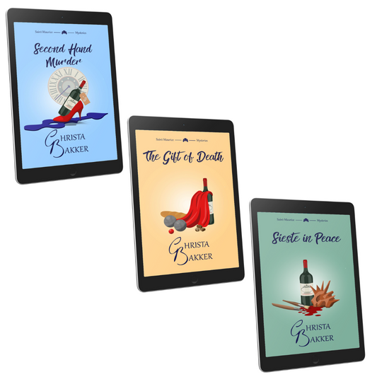 Tablets showing the covers of Sieste in Peace, The Gift of Death, and Second Hand Murder