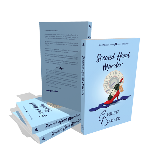 The cover for Second Hand Murder by Christa Bakker shows a discounted wine bottle resting in a stiletto heel standing on a big, loose clock hand, all on a baby blue background